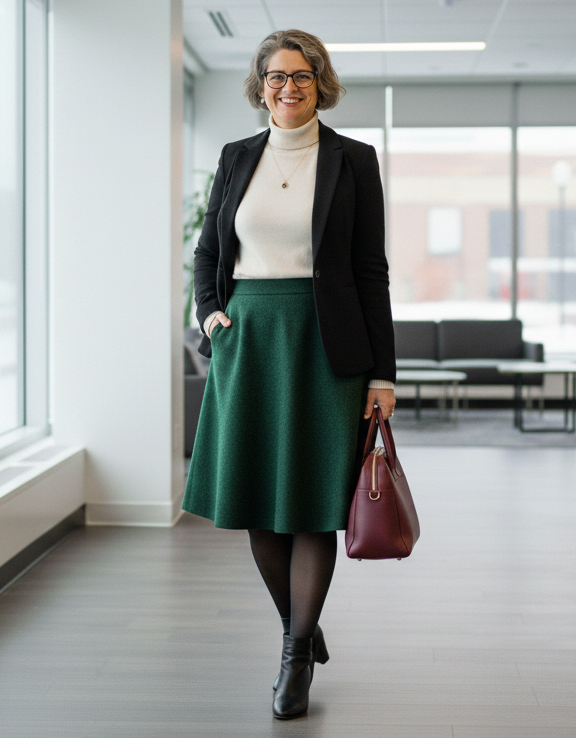 Transgender outfits for December with a white turtleneck, black blazer, forest-green A-line skirt, black tights, and a deep red handbag. Soft, feminine holiday look layered for warmth.