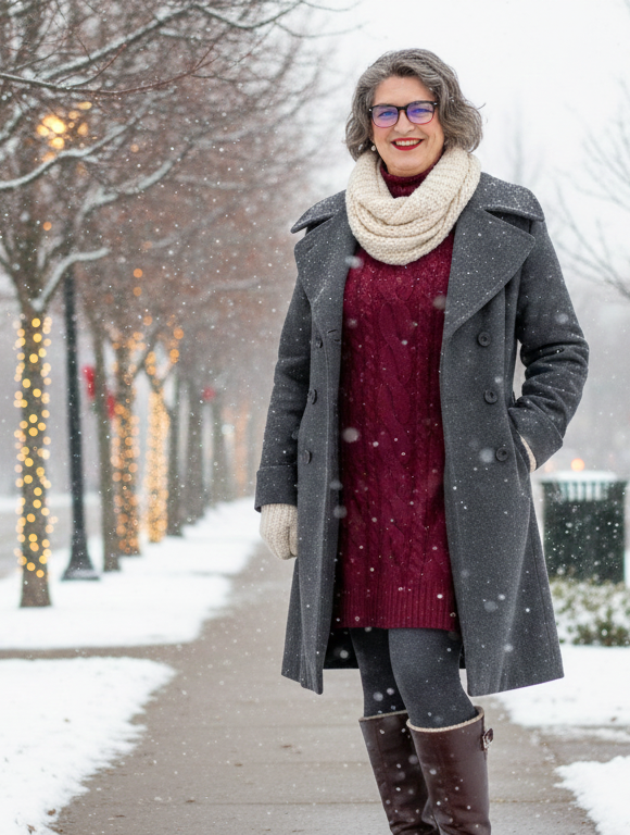 Transgender outfits for a December snow day featuring a deep red cable-knit sweater dress, grey wool coat, cream scarf, grey tights, and brown knee-high boots. Cozy, layered, feminine winter style.
